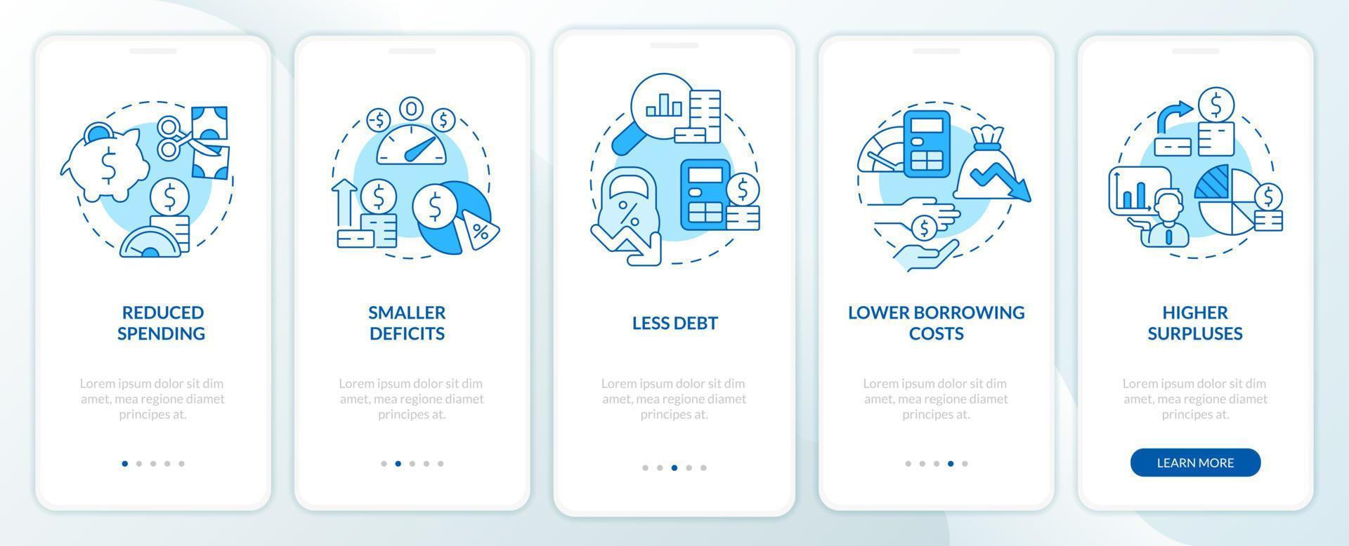 Balanced budget requirements blue onboarding mobile app screen. Walkthrough 5 steps graphic instructions pages with linear concepts. UI, UX, GUI template. vector