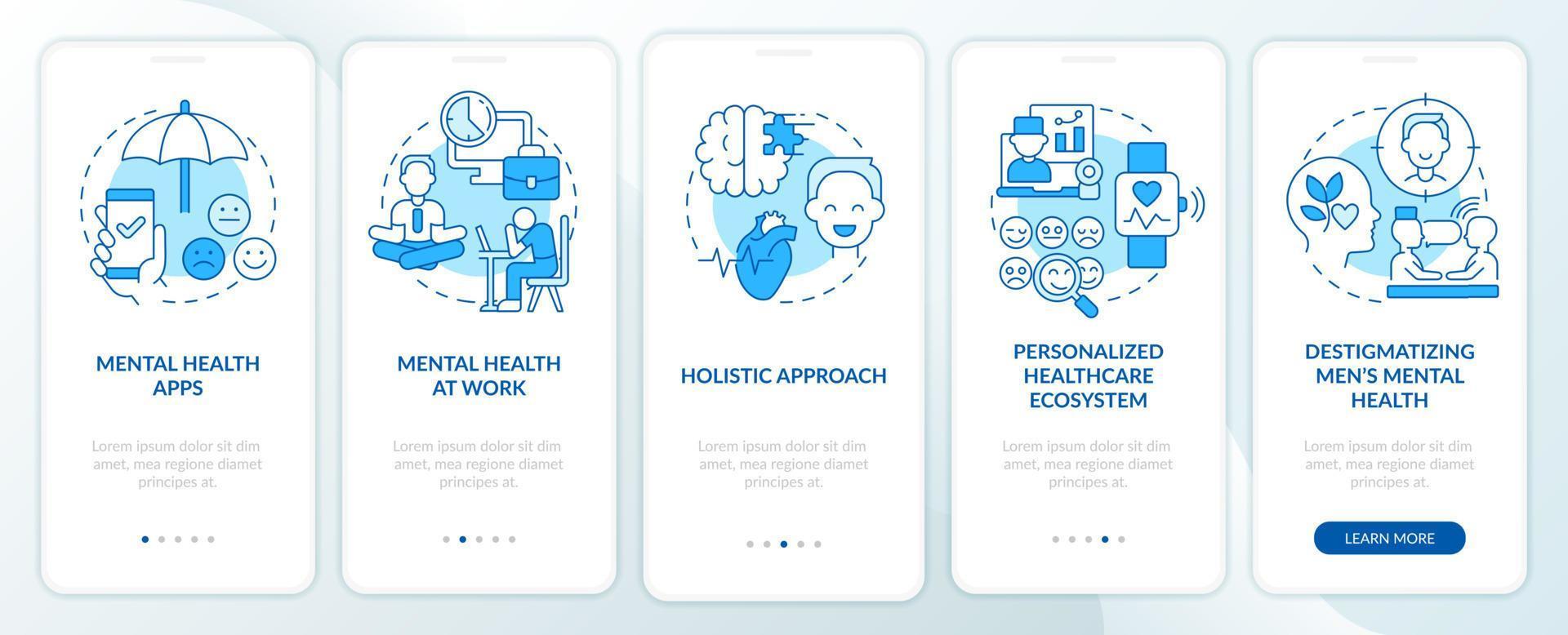 Tendencias de mejora de la salud mental Pantalla azul de la aplicación móvil de incorporación. tutorial de terapia 5 pasos páginas de instrucciones gráficas con conceptos lineales. interfaz de usuario, ux, plantilla de interfaz gráfica de usuario. vector