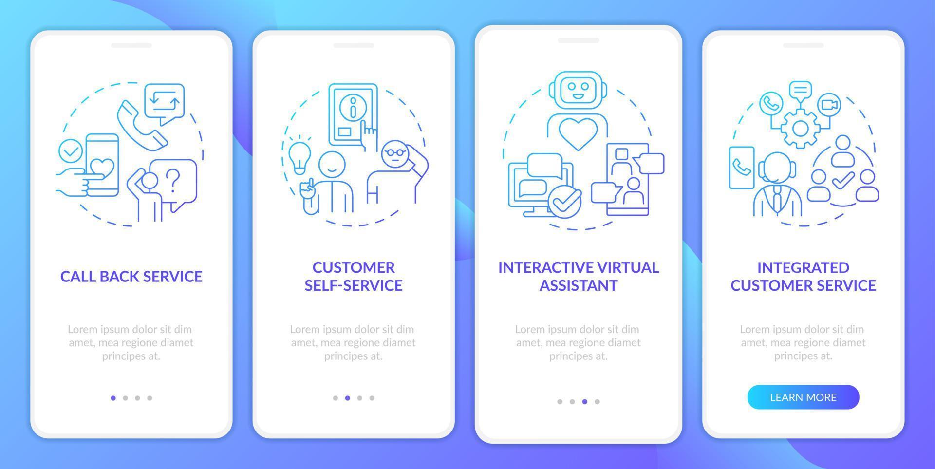Types of customer service blue gradient onboarding mobile app screen. Walkthrough 4 steps graphic instructions pages with linear concepts. UI, UX, GUI template. vector