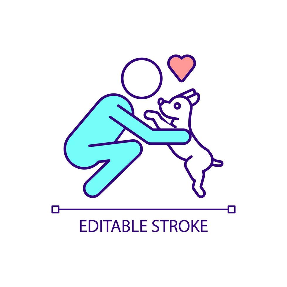 Affectionate relationship between human and dog RGB color icon. Expressing love to pet. Bonding with animal. Isolated vector illustration. Simple filled line drawing. Editable stroke.