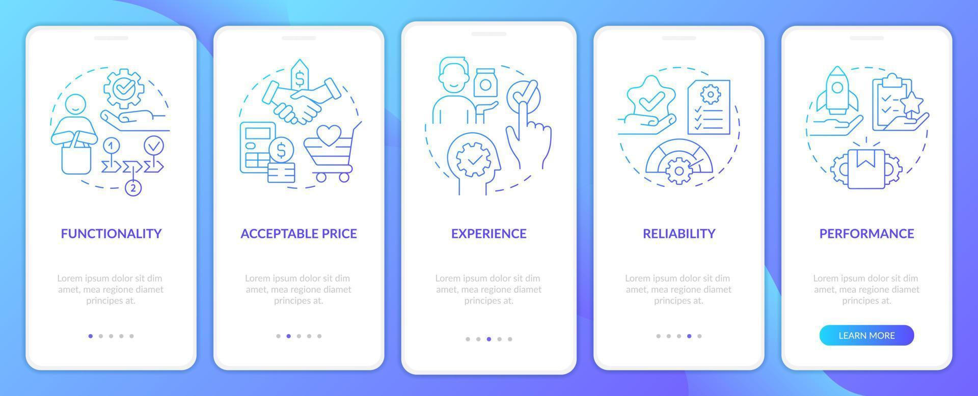 Product needs blue gradient onboarding mobile app screen. Goods, service walkthrough 5 steps graphic instructions pages with linear concepts. UI, UX, GUI template. vector