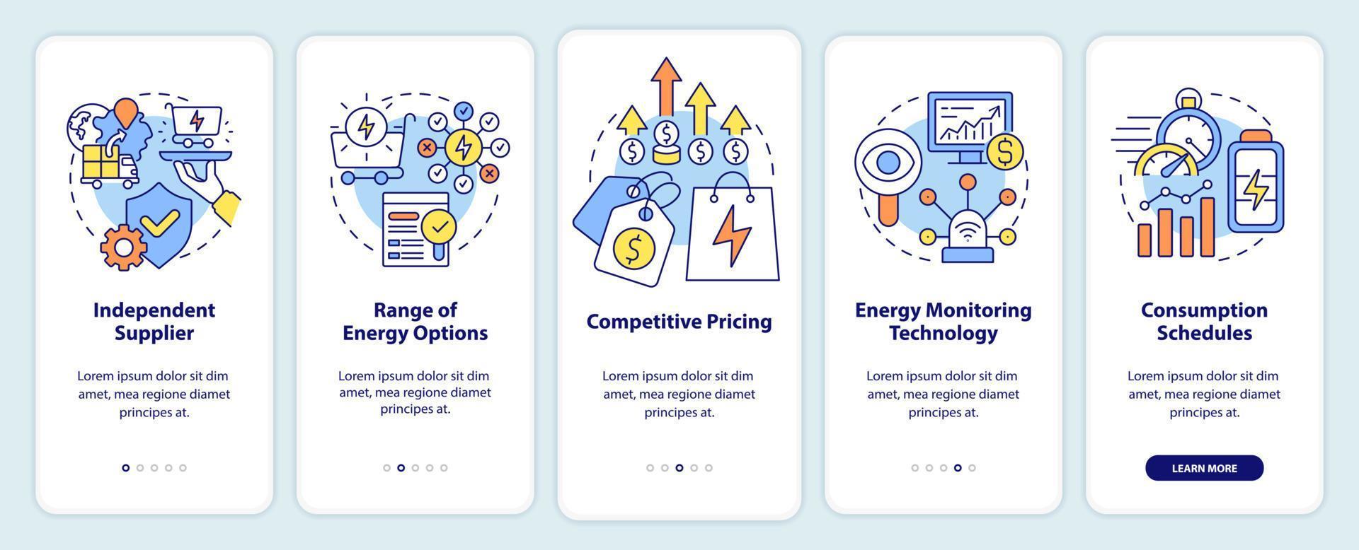Energy strategy key parts onboarding mobile app screen. Consumption walkthrough 5 steps graphic instructions pages with linear concepts. UI, UX, GUI template. vector