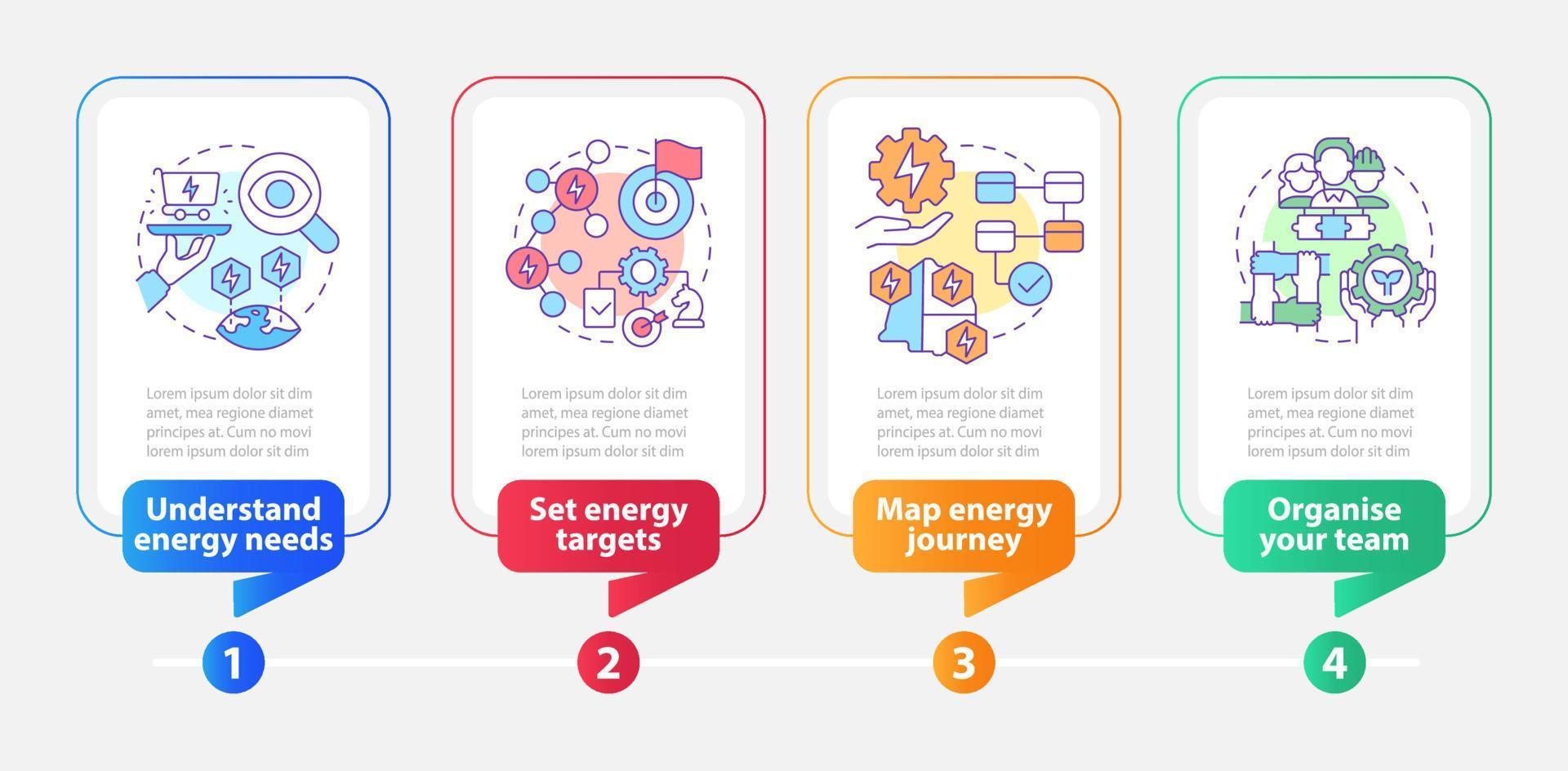 plantilla de infografía de rectángulo de proceso de gestión de energía. visualización de datos con 4 pasos. gráfico de información de la línea de tiempo del proceso. diseño de flujo de trabajo con iconos de línea. vector