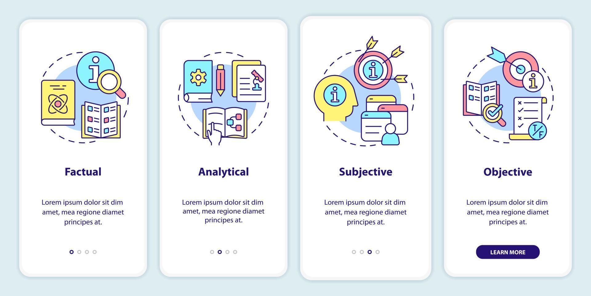 Information types onboarding mobile app screen. Factual and analytical walkthrough 4 steps graphic instructions pages with linear concepts. UI, UX, GUI template. vector