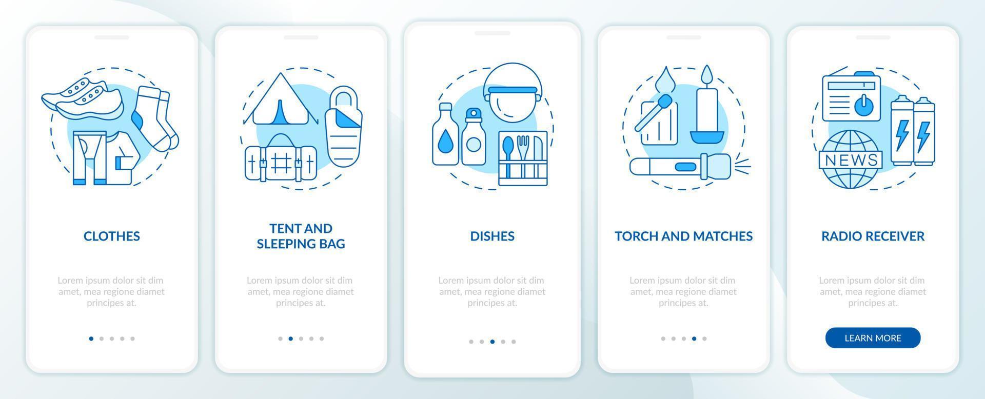 Things to put in surviving backpack blue onboarding mobile app screen. Walkthrough 5 steps graphic instructions pages with linear concepts. UI, UX, GUI template. vector