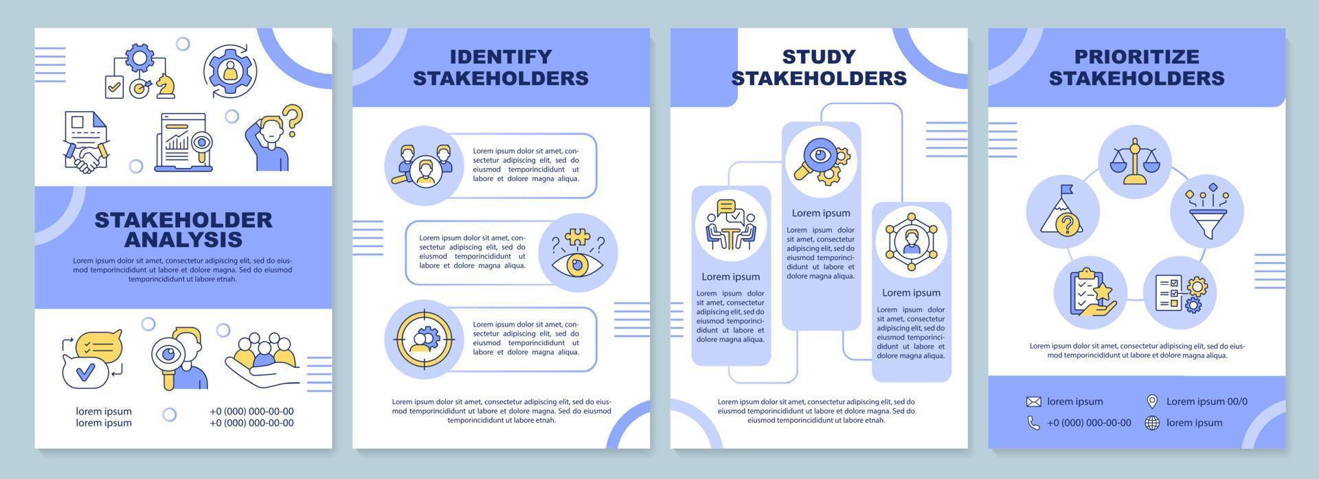 Stakeholder analysis brochure template. Stakeholders mapping. Leaflet design with linear icons. 4 vector layouts for presentation, annual reports.