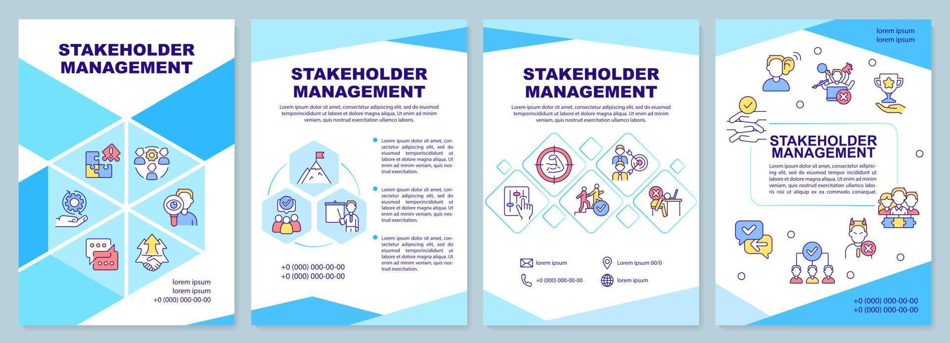 Stakeholder management brochure template. Effective cooperation. Leaflet design with linear icons. 4 vector layouts for presentation, annual reports.