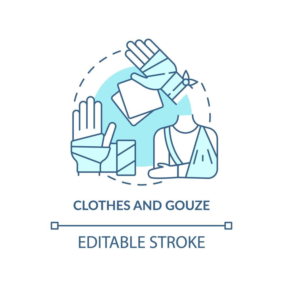 Clothes and gauze turquoise concept icon. First aid kit components. Action during war abstract idea thin line illustration. Isolated outline drawing. Editable stroke. vector