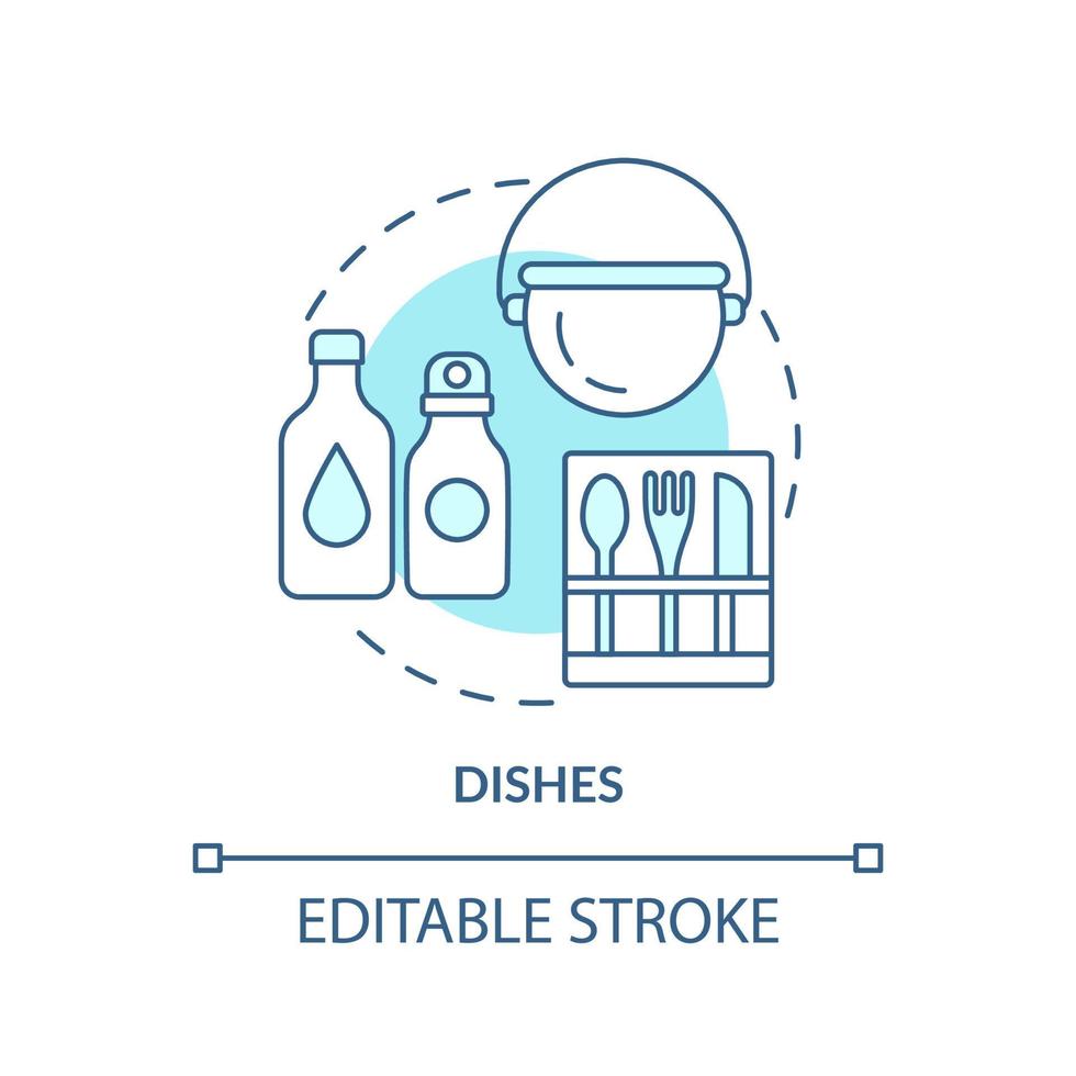 Dishes turquoise concept icon. Things to pack for evacuation and hiking. Survival bag abstract idea thin line illustration. Isolated outline drawing. Editable stroke. vector