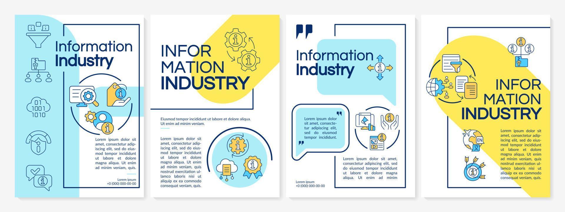 Information sector blue and yellow brochure template. Internet content. Leaflet design with linear icons. 4 vector layouts for presentation, annual reports.