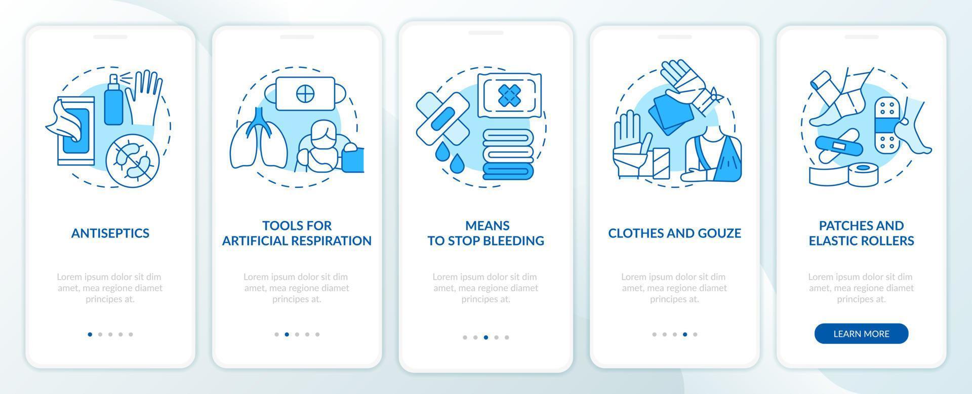 First aid kit blue onboarding mobile app screen. Surviving at war walkthrough 5 steps graphic instructions pages with linear concepts. UI, UX, GUI template. vector