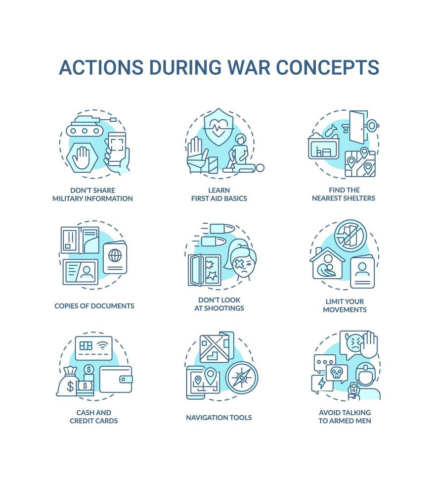 Action during war turquoise concept icons set. Safety and survive. Tips for civilians idea thin line color illustrations. Isolated symbols. Editable stroke. vector