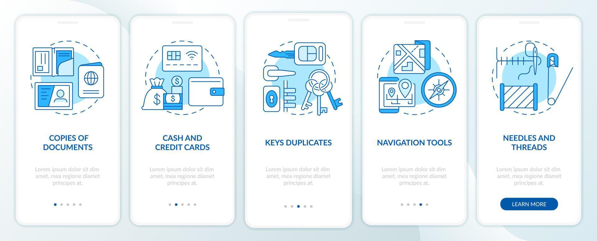 Essential things to pack blue onboarding mobile app screen. War actions walkthrough 5 steps graphic instructions pages with linear concepts. UI, UX, GUI template. vector