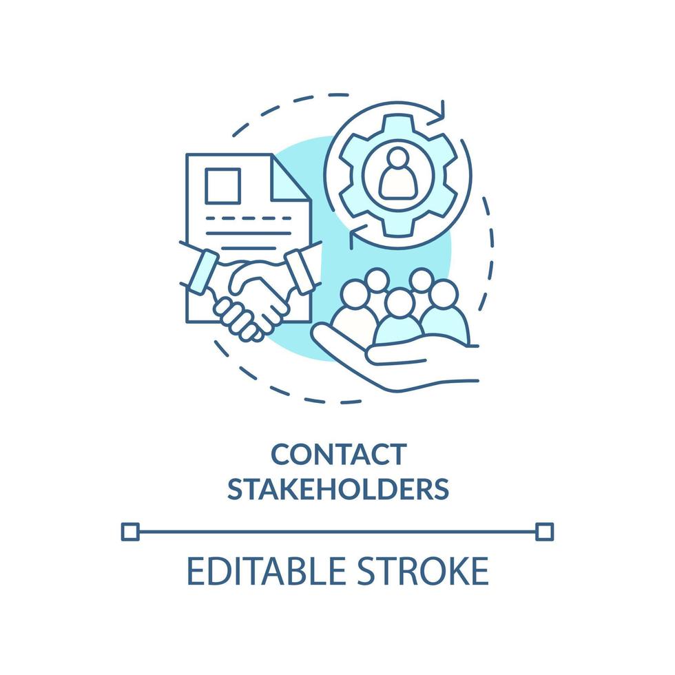 Contact stakeholders turquoise concept icon. Step of stakeholder relations abstract idea thin line illustration. Isolated outline drawing. Editable stroke. vector