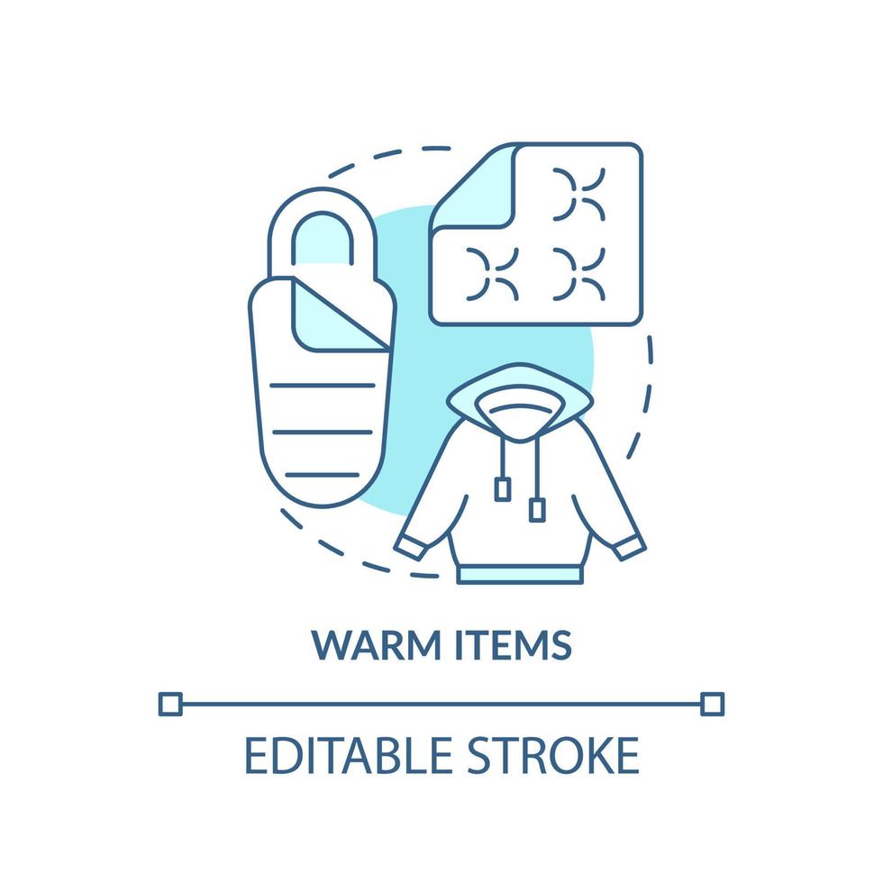 Warm items turquoise concept icon. Thing for surviving. Emergency preparedness abstract idea thin line illustration. Isolated outline drawing. Editable stroke. vector