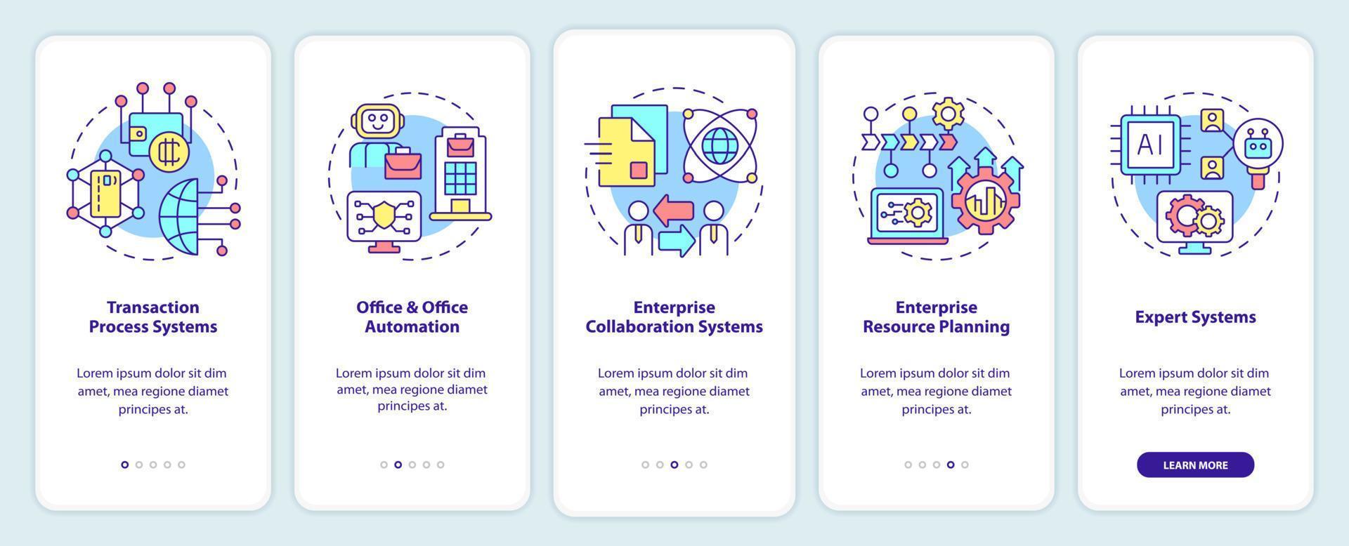 Information systems types onboarding mobile app screen. Office automation walkthrough 5 steps graphic instructions pages with linear concepts. UI, UX, GUI template. vector