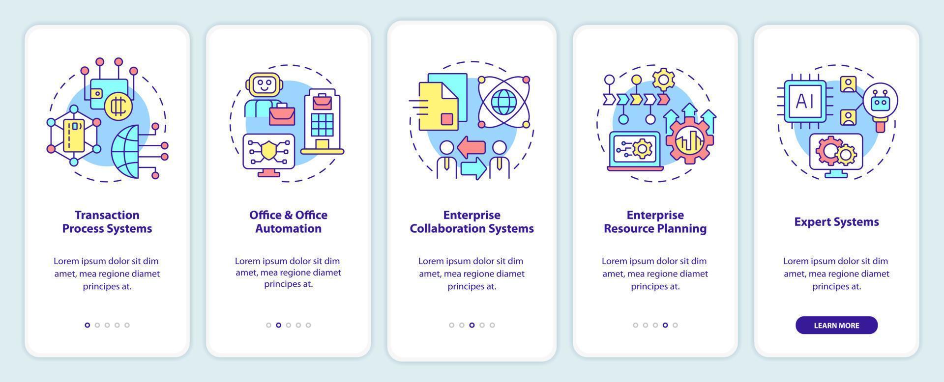 tipos de sistemas de información que incorporan la pantalla de la aplicación móvil. tutorial de automatización de oficinas páginas de instrucciones gráficas de 5 pasos con conceptos lineales. interfaz de usuario, ux, plantilla de interfaz gráfica de usuario. vector