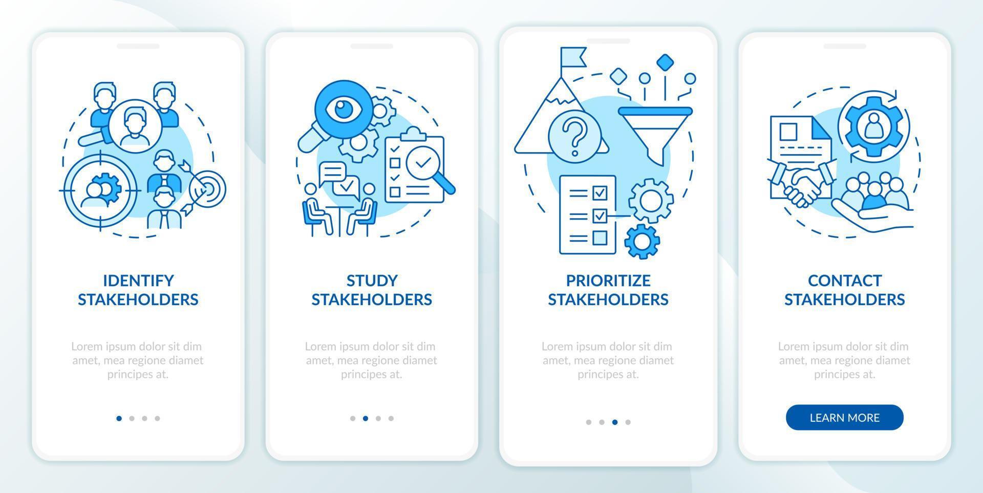 Steps of stakeholder relations blue onboarding mobile app screen. Walkthrough 4 steps graphic instructions pages with linear concepts. UI, UX, GUI template. vector