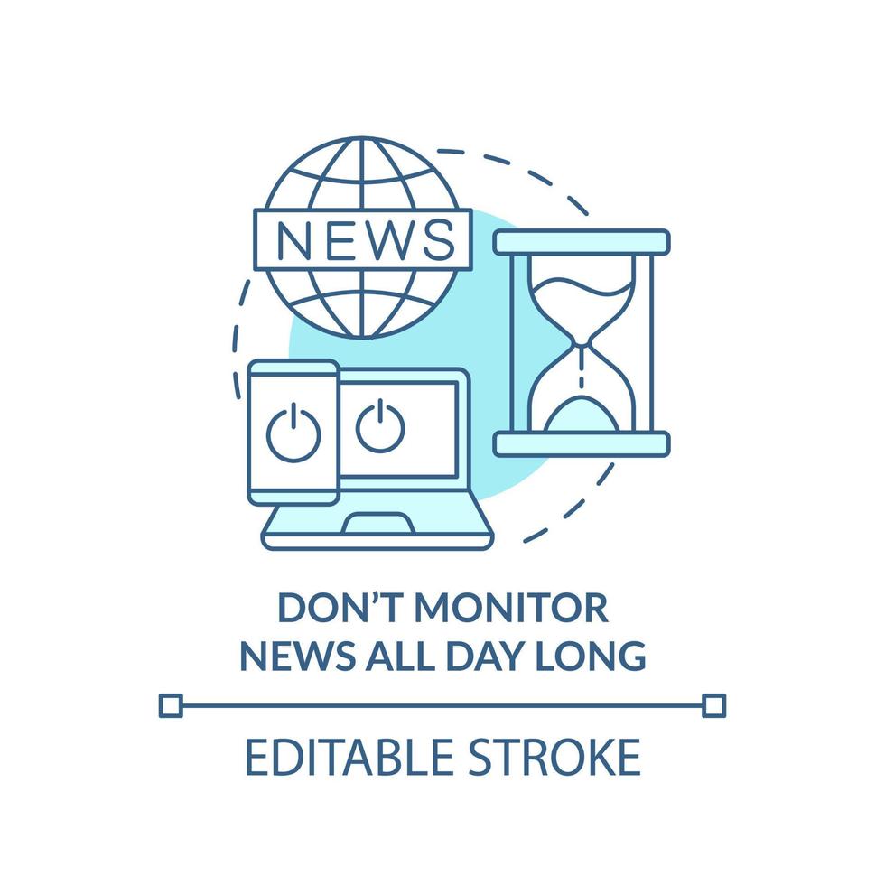 Dont monitor news all day long turquoise concept icon. Dealing with emotions at war abstract idea thin line illustration. Isolated outline drawing. Editable stroke. vector