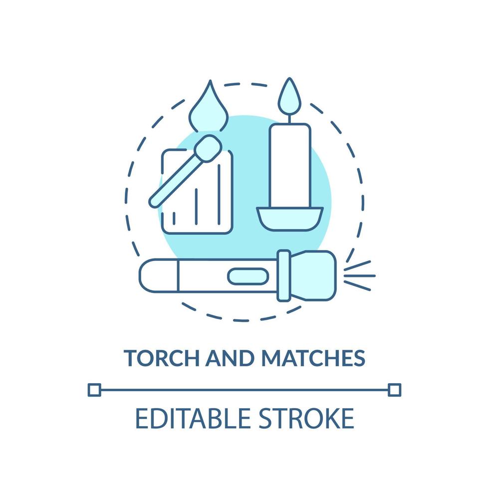 Torch and matches turquoise concept icon. Things to pack. Emergency preparedness abstract idea thin line illustration. Isolated outline drawing. Editable stroke. vector