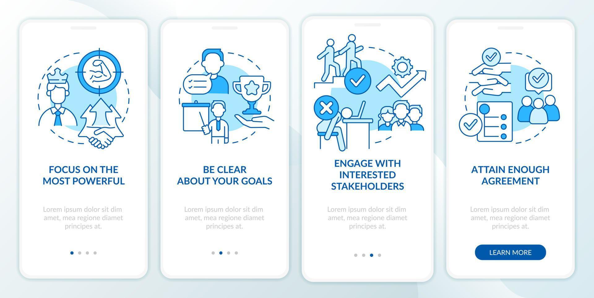 Stakeholders engagement blue onboarding mobile app screen. Walkthrough 4 steps graphic instructions pages with linear concepts. UI, UX, GUI template. vector