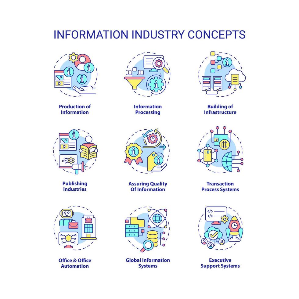 conjunto de iconos de concepto de industria de la información. idea de producción y procesamiento ilustraciones en color de línea delgada. calidad de información. símbolos aislados. trazo editable. vector