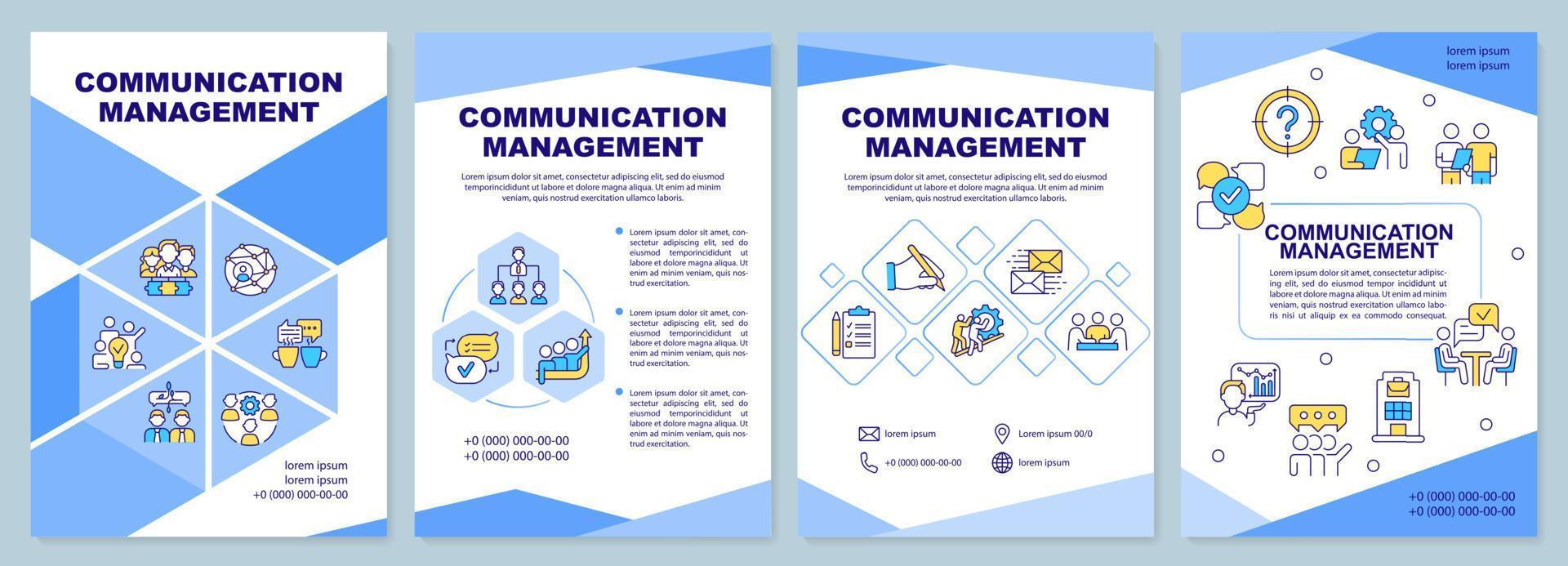 Communication management brochure template. Team collaboration. Leaflet design with linear icons. 4 vector layouts for presentation, annual reports.