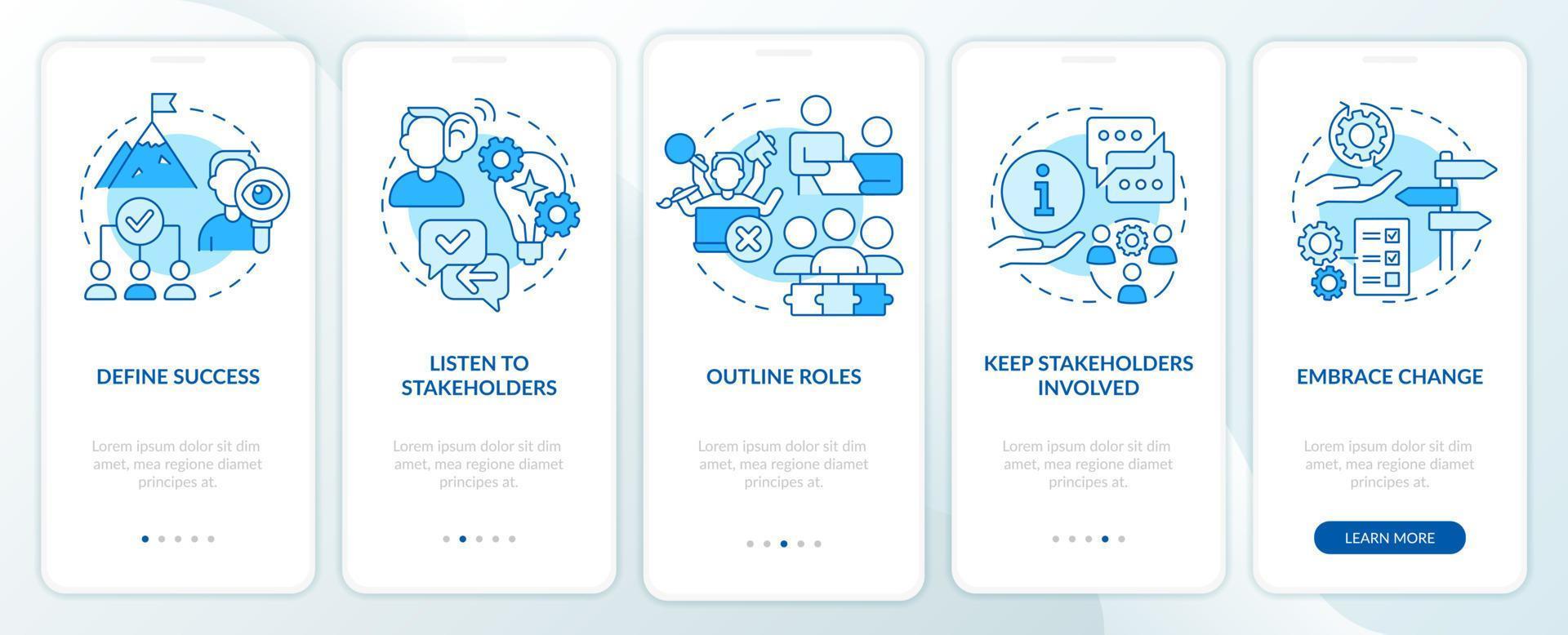 Effective stakeholder management blue onboarding mobile app screen. Walkthrough 5 steps graphic instructions pages with linear concepts. UI, UX, GUI template. vector