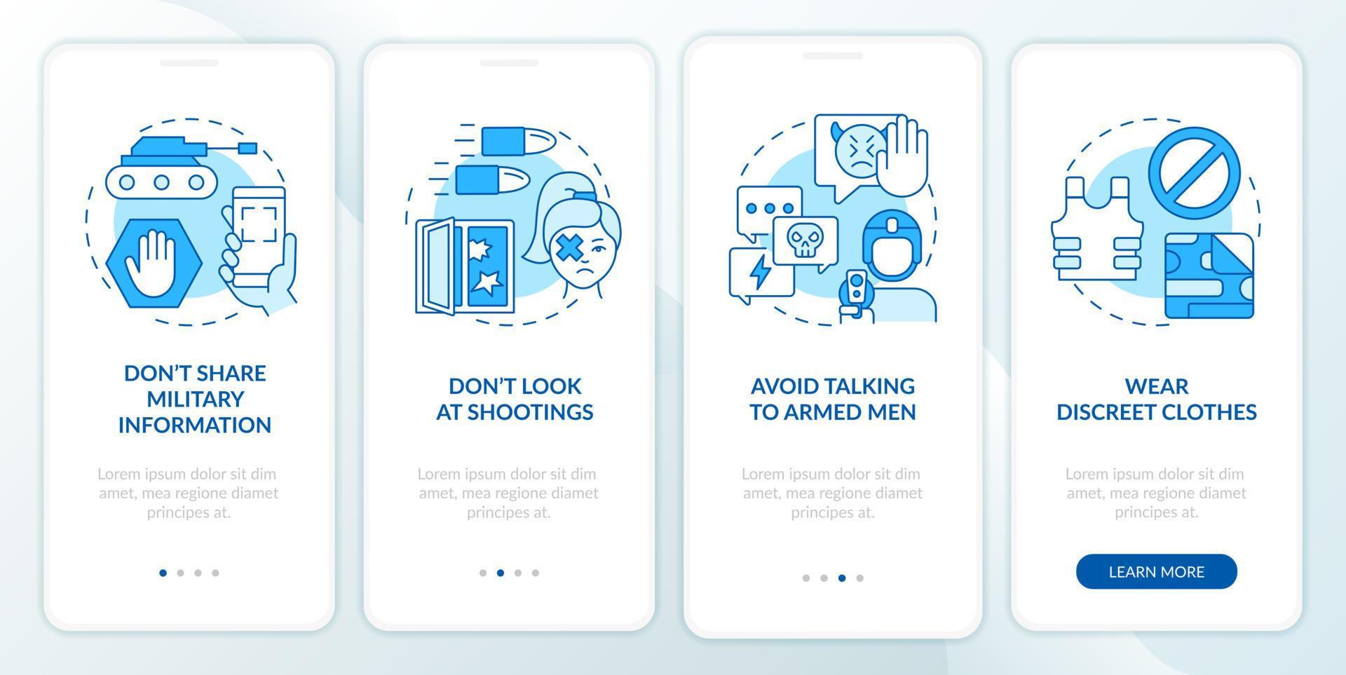 Actions during war for civilians blue onboarding mobile app screen. Walkthrough 4 steps graphic instructions pages with linear concepts. UI, UX, GUI template. vector