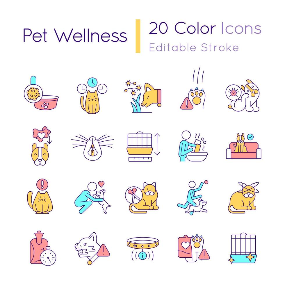 Pet wellness RGB color icons set. Routine veterinary care. Animal behavior, nutrition. Isolated vector illustrations. Simple filled line drawings collection. Editable stroke.