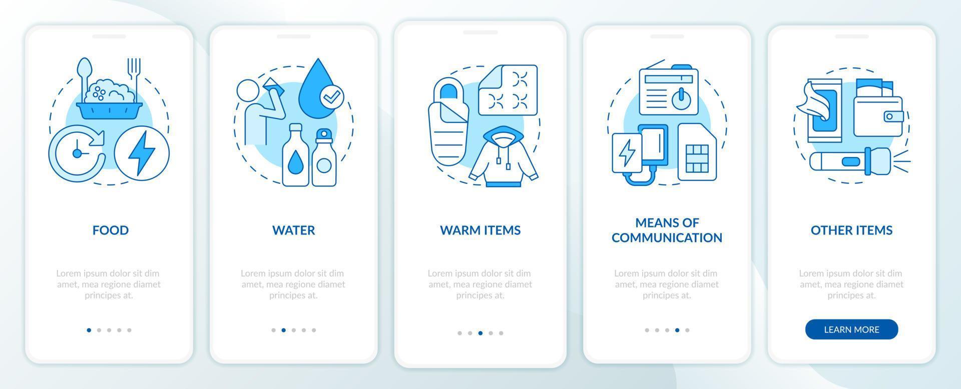 Supplies to survive in occupation blue onboarding mobile app screen. War walkthrough 5 steps graphic instructions pages with linear concepts. UI, UX, GUI template. vector