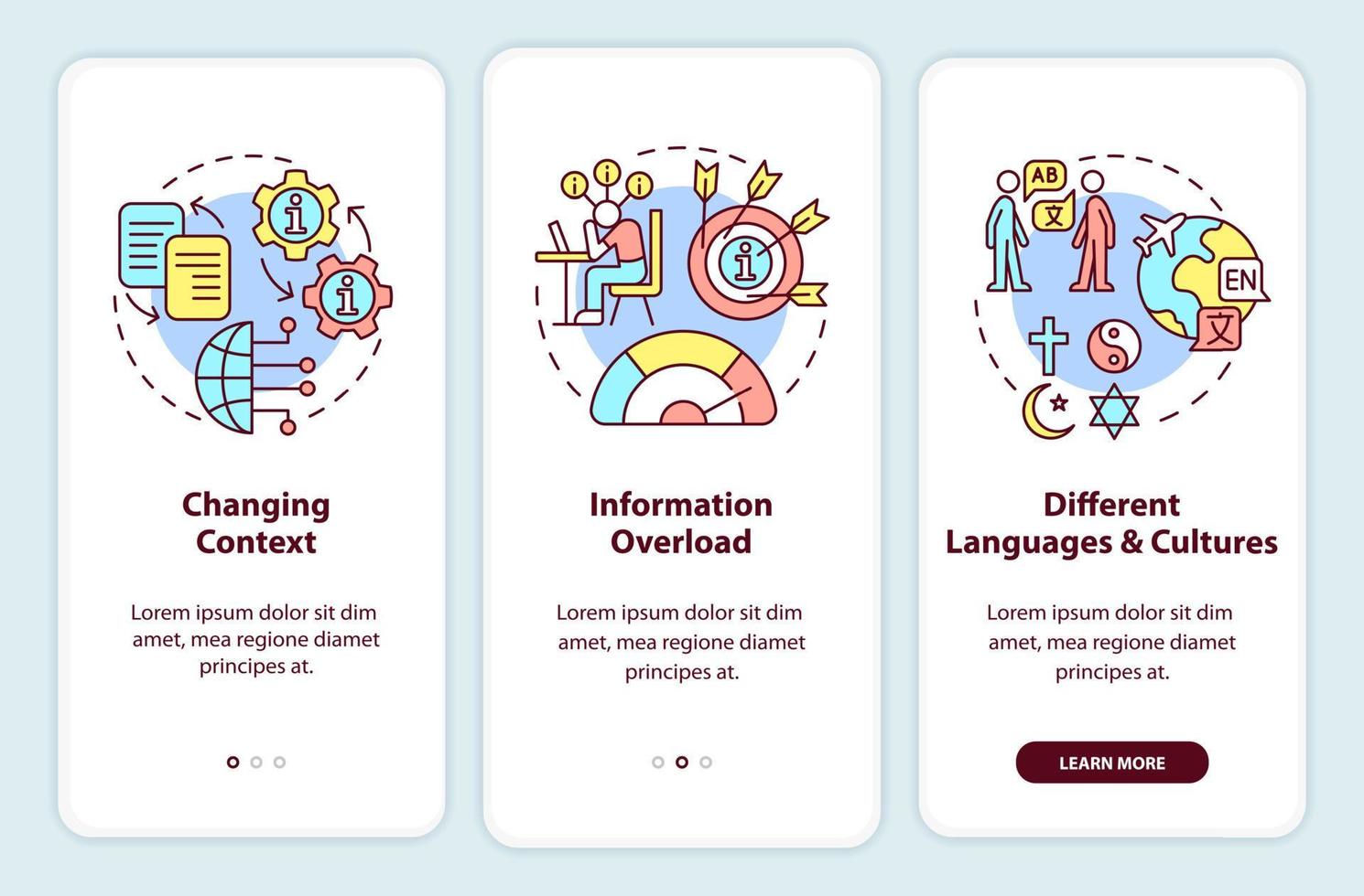 problemas de la industria de la información al incorporar la pantalla de la aplicación móvil. tutorial de cambio de contexto páginas de instrucciones gráficas de 3 pasos con conceptos lineales. interfaz de usuario, ux, plantilla de interfaz gráfica de usuario. vector