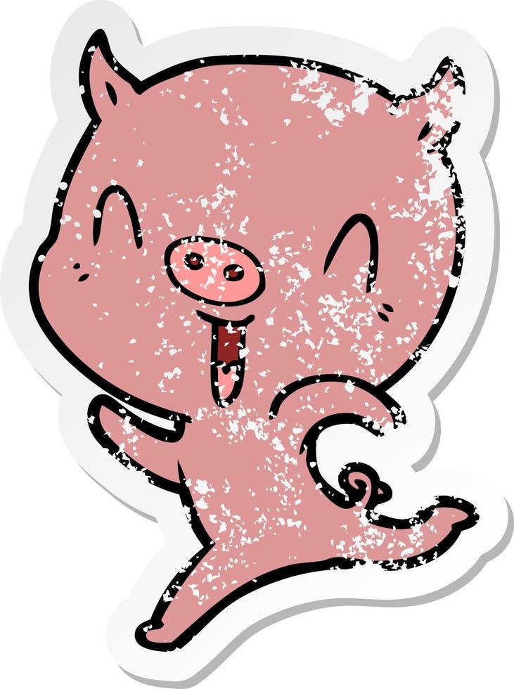 distressed sticker of a happy cartoon pig running vector