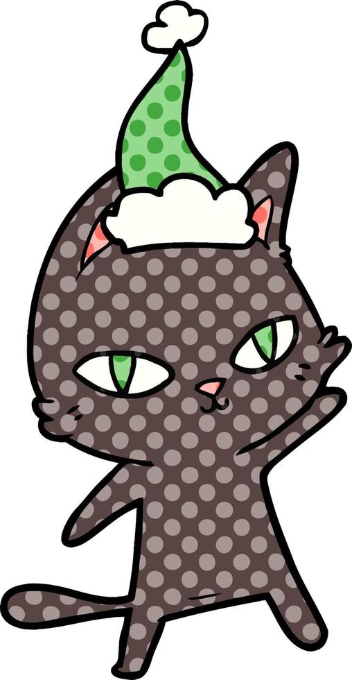 comic book style illustration of a cat staring wearing santa hat vector