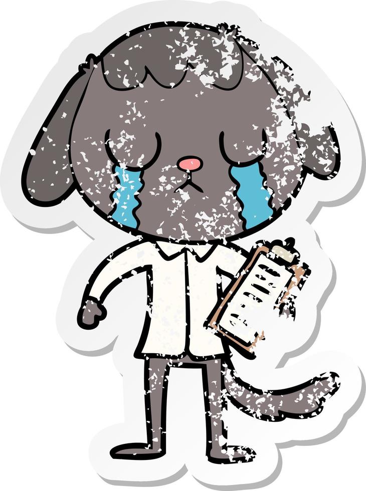 distressed sticker of a cute cartoon dog crying vector