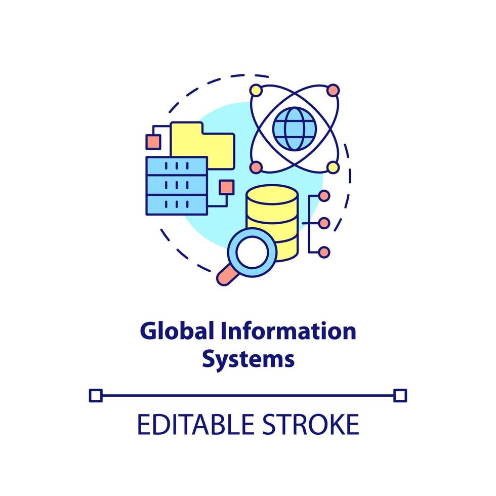 icono del concepto de sistemas de información global. almacenamiento y análisis de datos idea abstracta ilustración de línea delgada. globalización dibujo de contorno aislado. trazo editable. vector