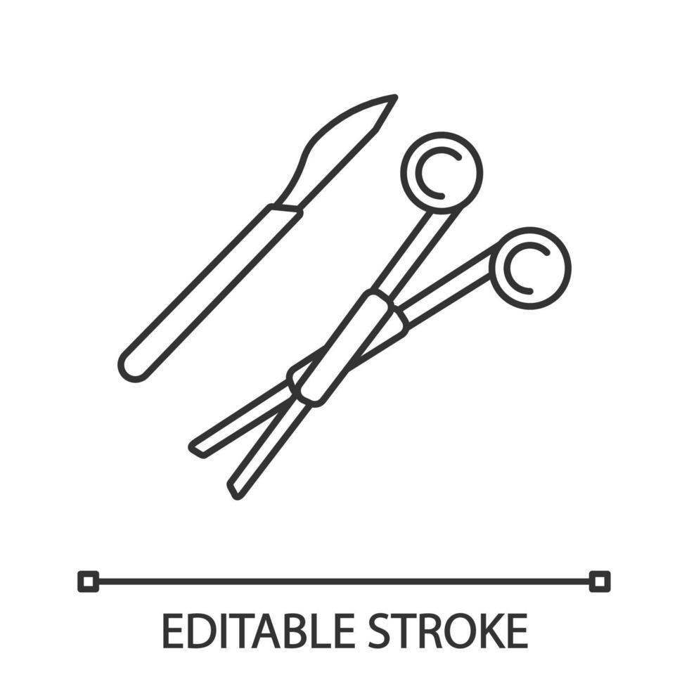 Surgical scalpel and clamp linear icon. Surgical tools. Thin line illustration. Surgery instruments. Contour symbol. Vector isolated outline drawing. Editable stroke