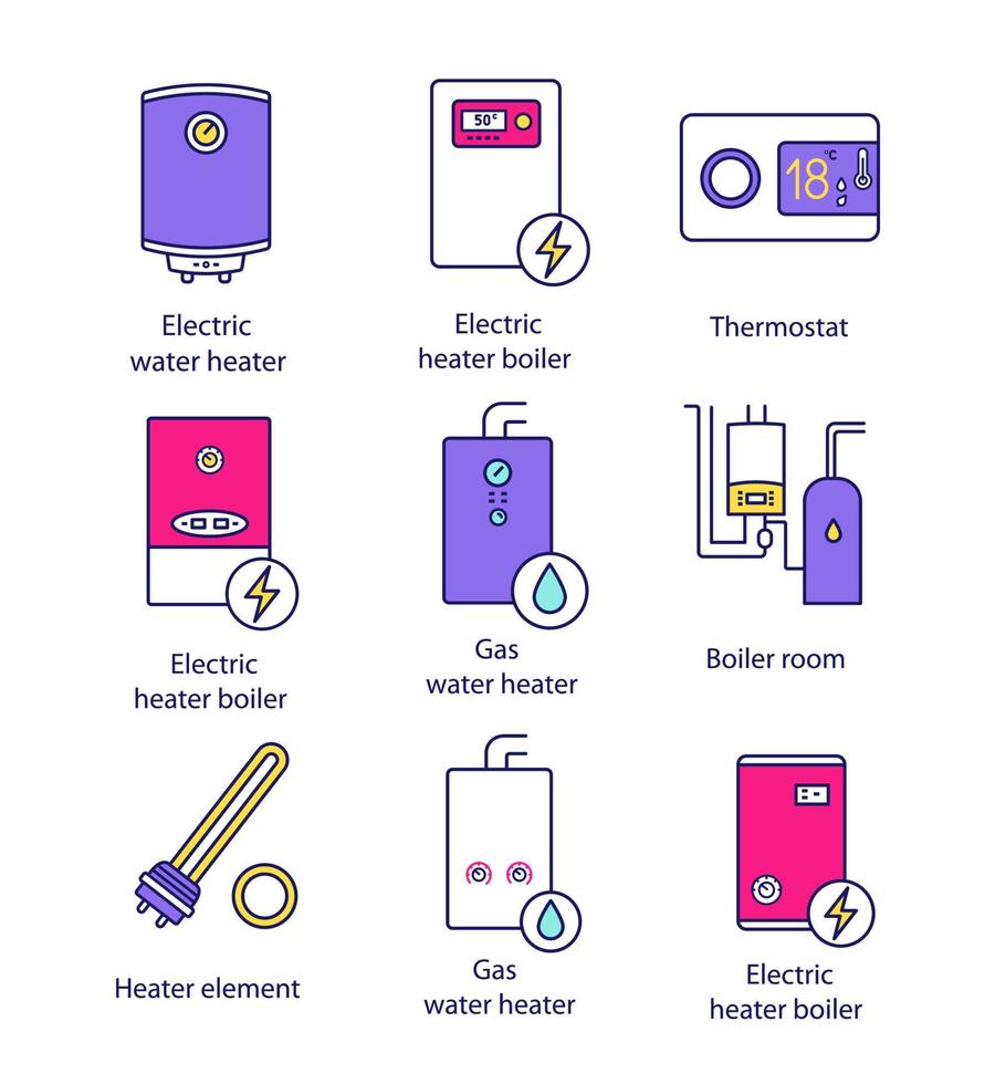 Heating color icons set. Boilers, heaters, thermostat, boiler room. Gas and electric water heater. Commercial, industrial and domestic central heating systems. Isolated vector illustrations