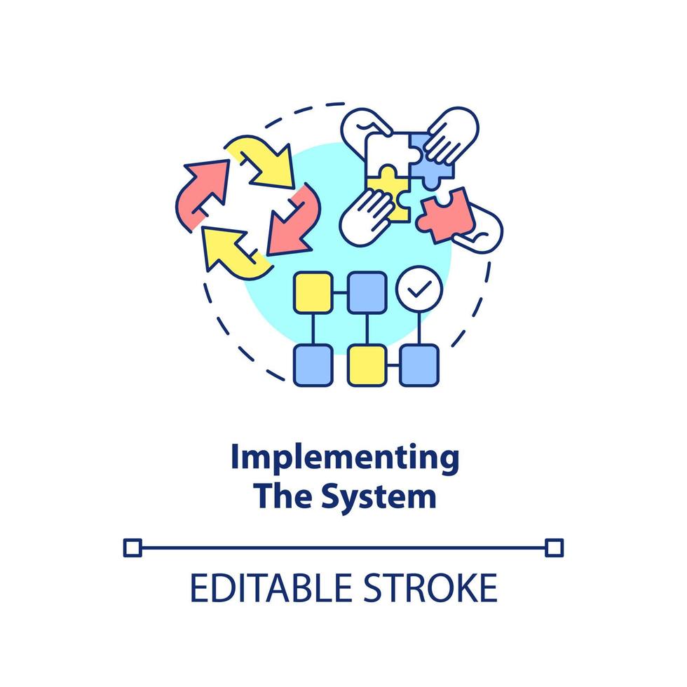 icono del concepto de sistema de implementación. etapa de desarrollo del sistema de información idea abstracta ilustración de línea delgada. mejorar los procesos. dibujo de contorno aislado. trazo editable. vector