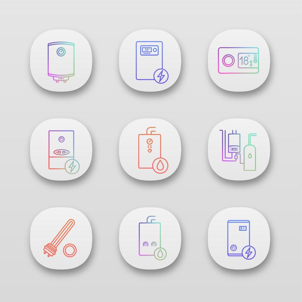conjunto de iconos de aplicaciones de calefacción. Interfaz ui ux. Calderas, calentadores, termostato, cuarto de calderas. Calentador de agua a gas y eléctrico. sistemas de calefacción central comerciales, industriales y domésticos. ilustración vectorial aislada vector