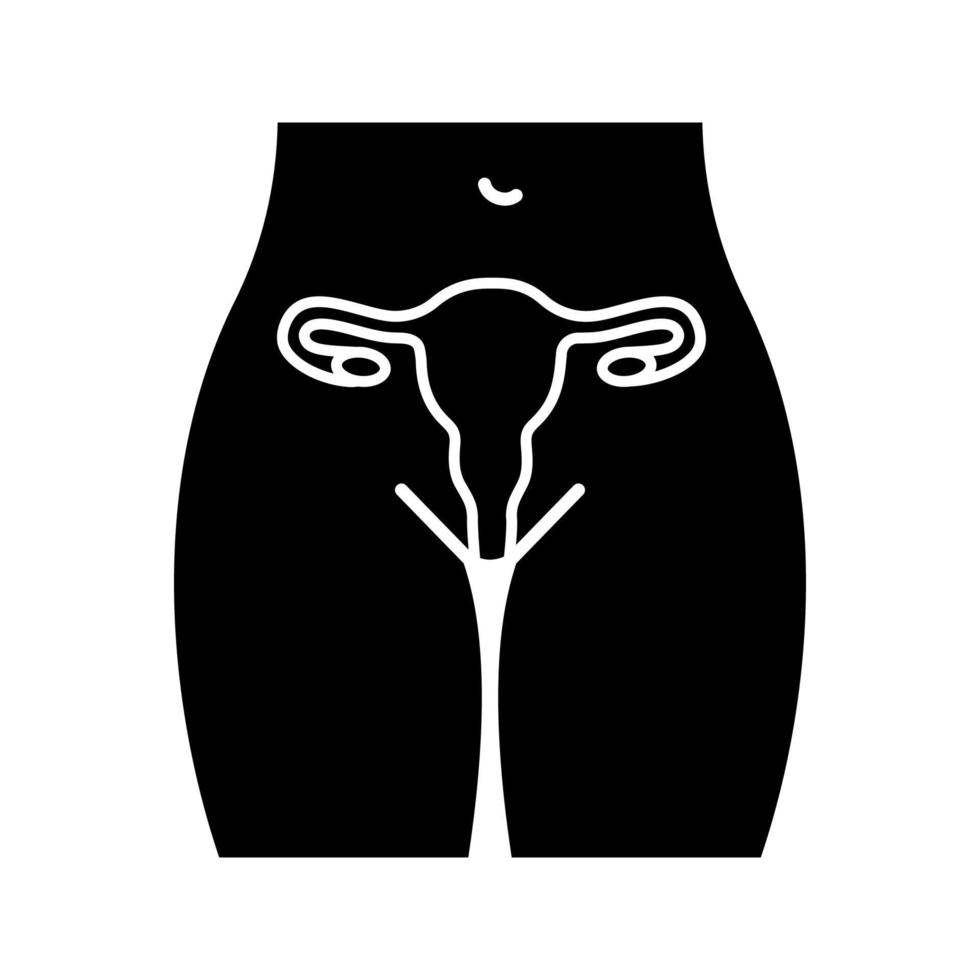 Female reproductive system glyph icon. Silhouette symbol. Uterus, fallopian tubes and vagina. Women's health. Gynecology. Negative space. Vector isolated illustration