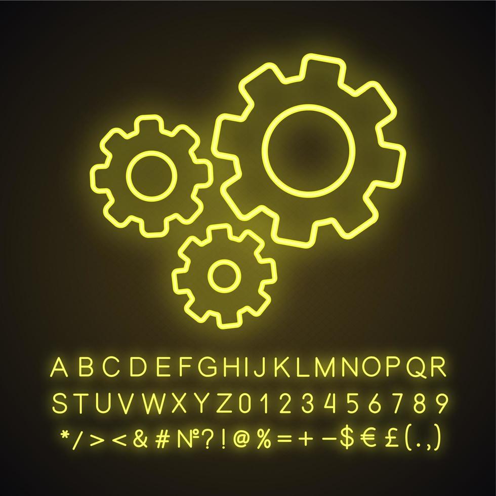 Cogwheels neon light icon. Cogs. Glowing sign with alphabet, numbers and symbols. Vector isolated illustration