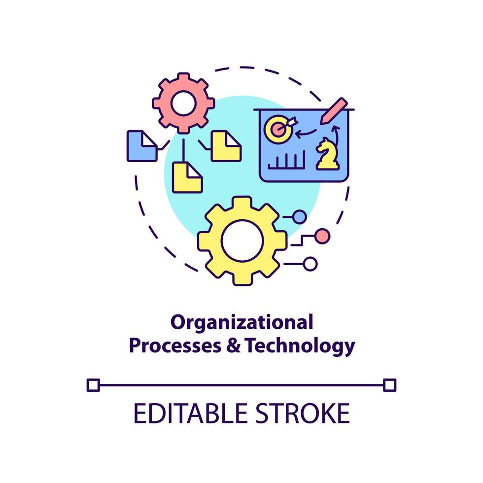 Procesos organizativos e icono del concepto de tecnología. sinergia de sistemas de información idea abstracta ilustración de línea delgada. dibujo de contorno aislado. trazo editable. vector