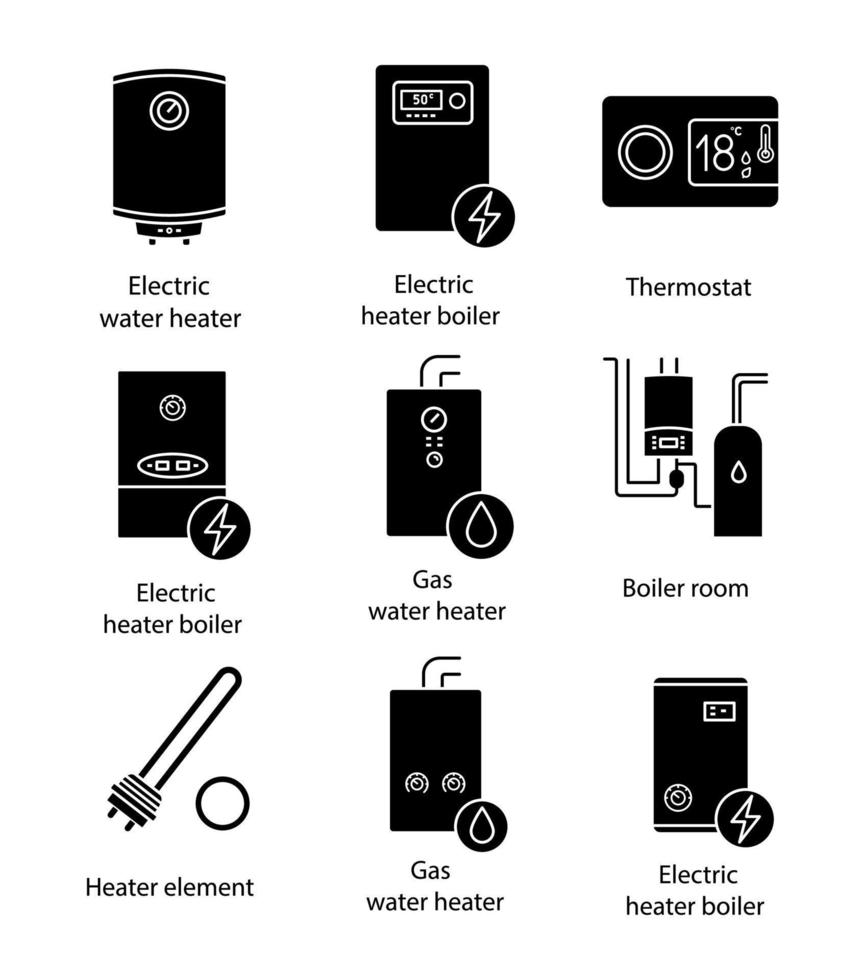 conjunto de iconos de glifo de calentamiento. Calderas, calentadores, termostato, cuarto de calderas. Calentador de agua a gas y eléctrico. sistemas de calefacción central comerciales, industriales y domésticos. ilustración vectorial aislada vector