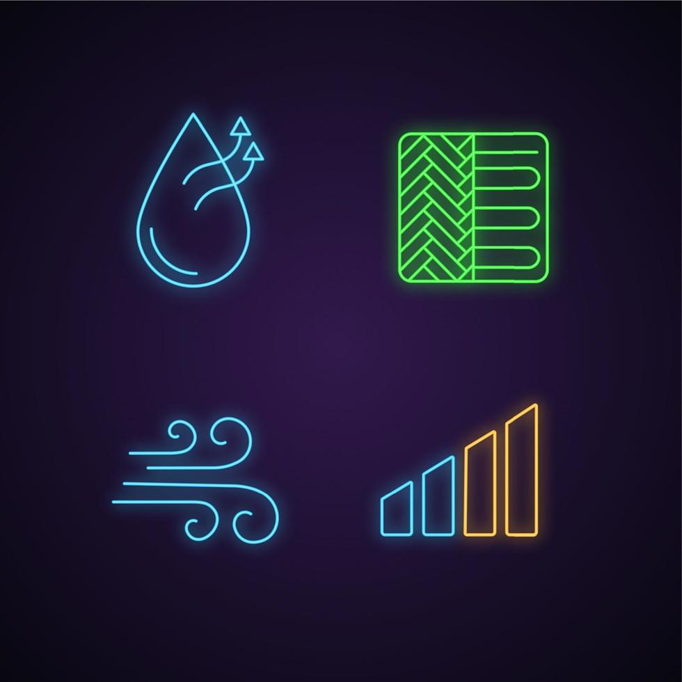 conjunto de iconos de luz de neón de aire acondicionado. humidificación, suelo radiante, flujo de aire, nivel de potencia. signos brillantes. Ilustraciones de vectores aislados