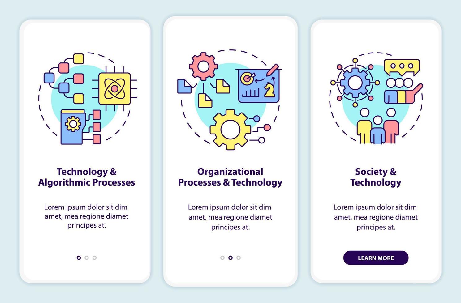 interacciones de los sistemas de información que incorporan la pantalla de la aplicación móvil. tutorial 3 pasos páginas de instrucciones gráficas con conceptos lineales. interfaz de usuario, ux, plantilla de interfaz gráfica de usuario. vector