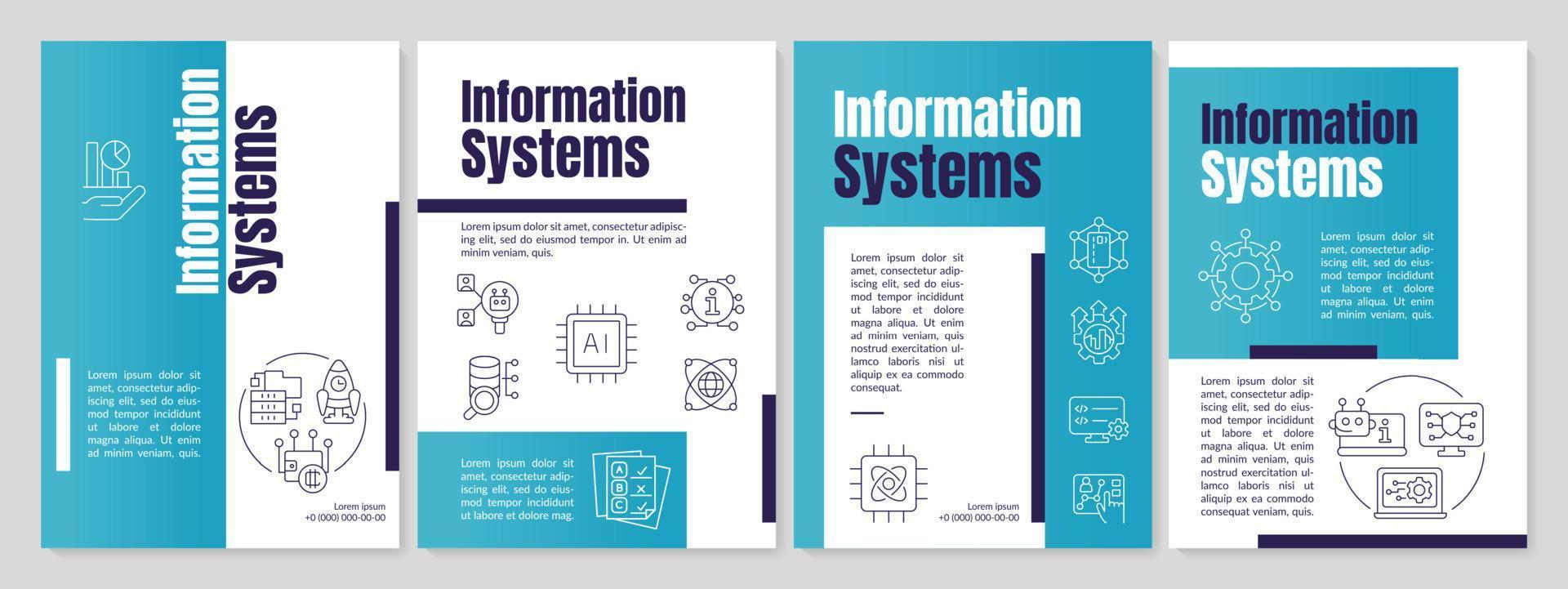 gestión de la plantilla de folleto cian de sistemas de información. recopilación y almacenamiento de datos. diseño de folletos con iconos lineales. 4 diseños vectoriales para presentación, informes anuales. vector