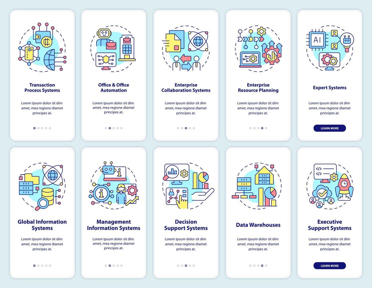 Information systems usage onboarding mobile app screen set. Management walkthrough 5 steps graphic instructions pages with linear concepts. UI, UX, GUI template. vector