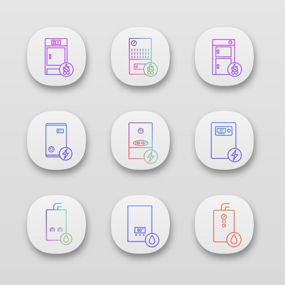 Heating app icons set. Gas, electric, solid fuel, boilers and water heater. Commercial, industrial and domestic central heating systems. UI UX user interface. Vector isolated illustrations