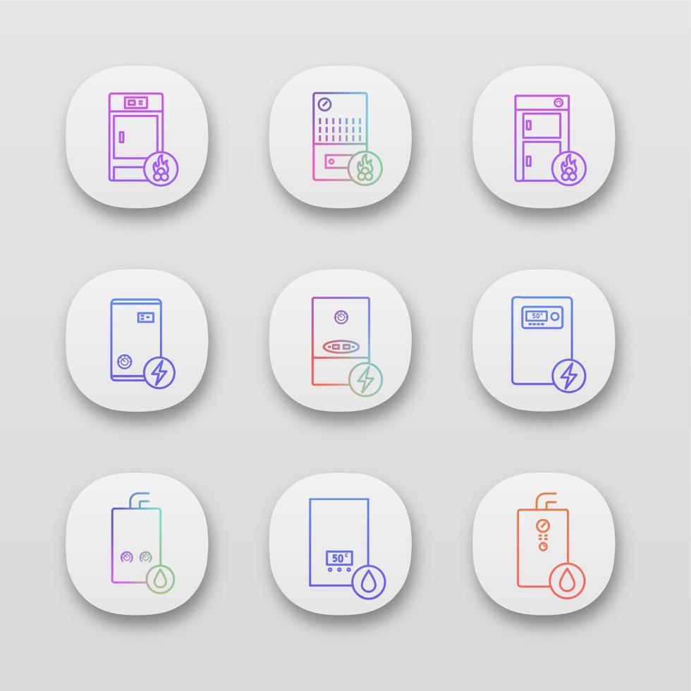 conjunto de iconos de aplicaciones de calefacción. gas, electricidad, combustibles sólidos, calderas y calentador de agua. sistemas de calefacción central comerciales, industriales y domésticos. interfaz de usuario ui ux. Ilustraciones de vectores aislados